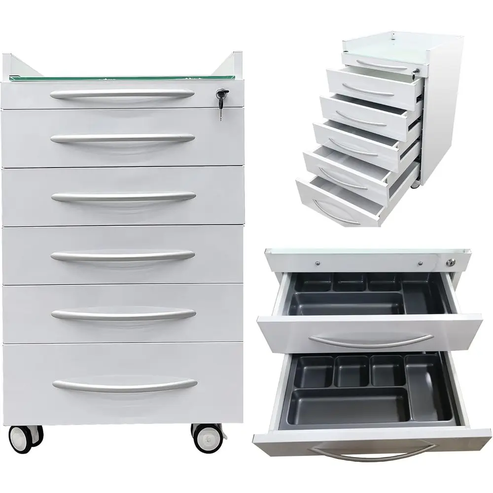 

5 Der Mobile Dental ile Storage Cabinet StainlSteel White Medical Assistant's Cabinet Utility Cart Glass Countertop with Lock an