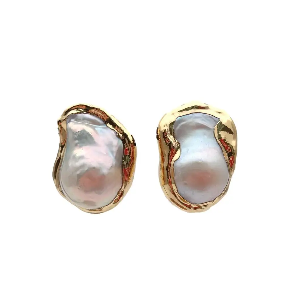 YYGEM 21x28mm Natural Cultured White Keshi Baroque Pearl Gold Plated Stud Earrings