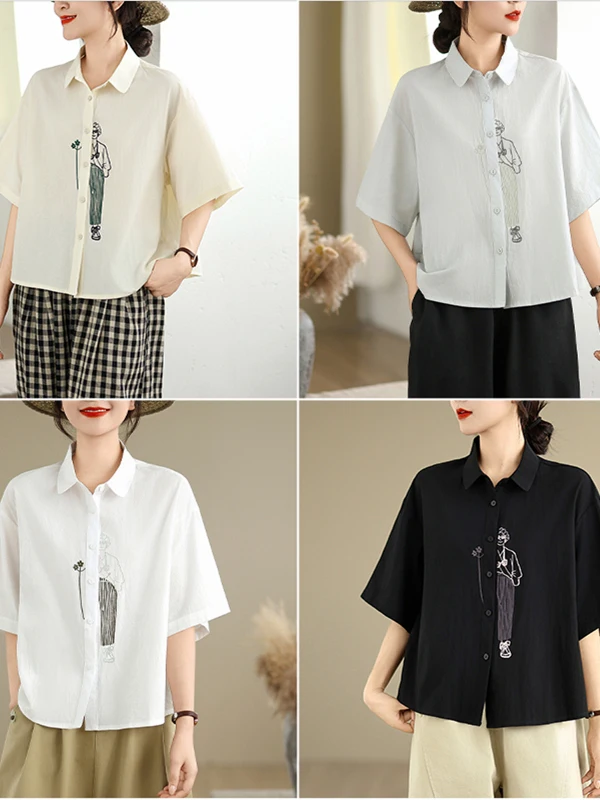 캐주얼 패션 플러스 사이즈 자수 코튼 여성 여름 한국 스타일 루즈핏 다용도 화이트 셔츠