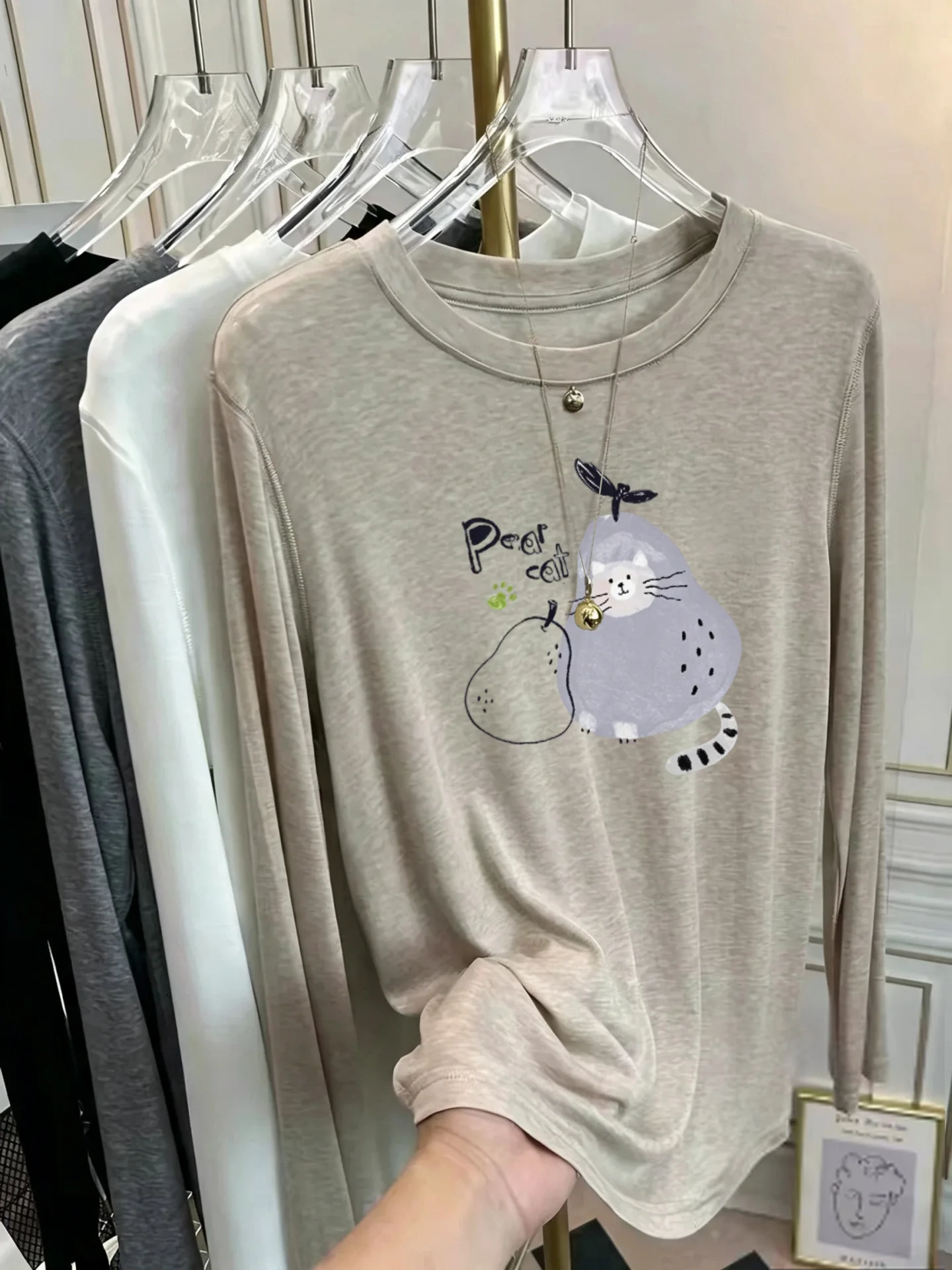Korean Style Women's Long Sleeve T-Shirt Soft Sunscreen Print Thin Mask Base Shirt Early Autumn Fashionable Cotton Tee