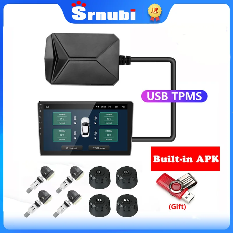 Srnubi USB Android TPMS Car Tire Pressure Alarm Monitor System For vehicle Android player Temperature Warning with four sensors