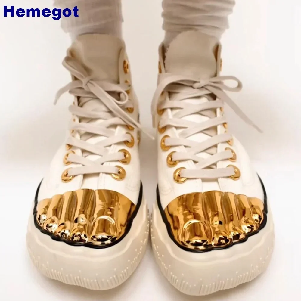 Men\'s and Women\'s Golden Five Fingers Shoes 2024 Summer Street Catwalk Fashion Gold Boots Model Party Flat Heels Sneakers