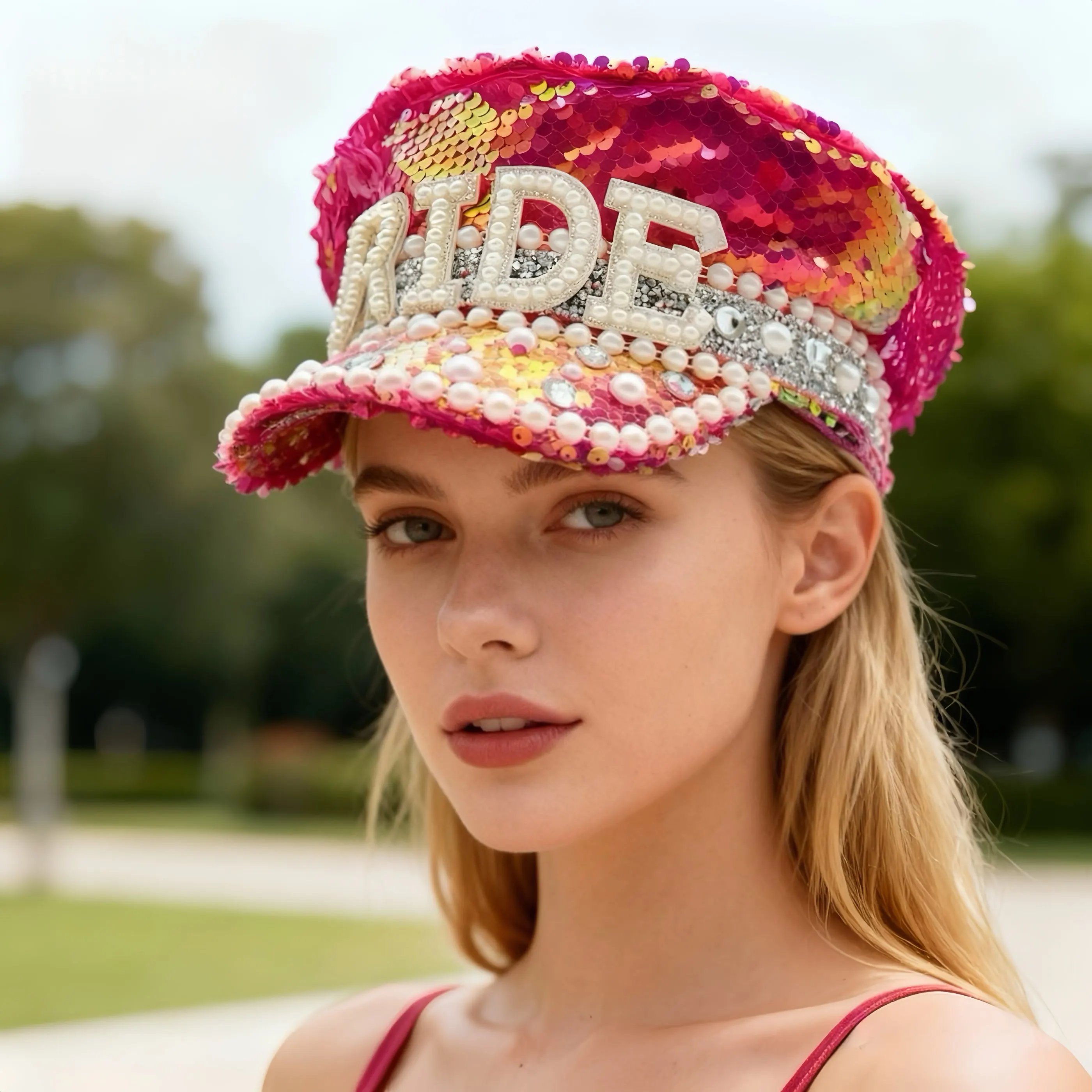 

HongLuan Disco Glitter Pink BRIDE Капитанская шляпа в стиле стимпанк с блестками для музыкального фестиваля для женщин, военные аксессуары и военная кепка для мужчин