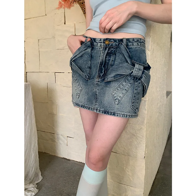 Bow Denim Short Skirt Women American Retro Blue Distressed High Waisted A-line High Street Fashion Washed Pocket Half Skirt New