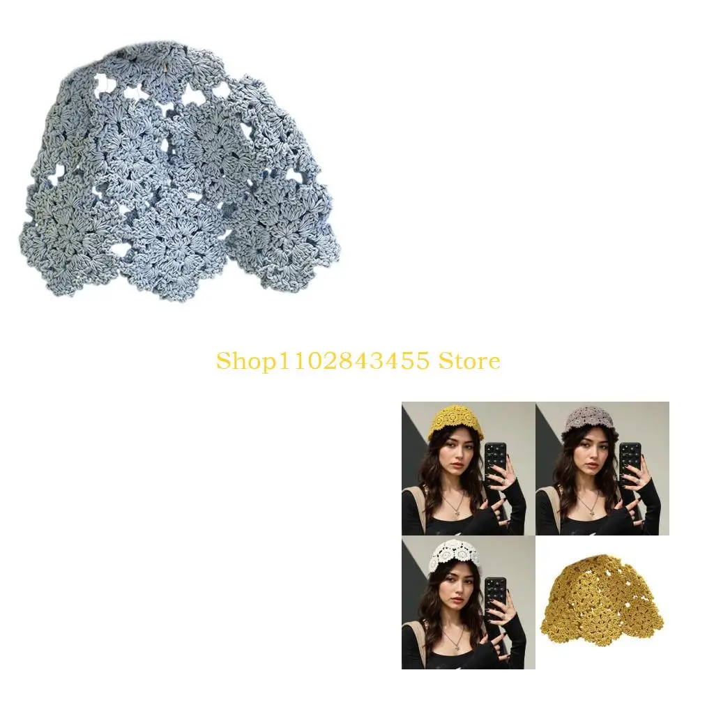 49MC Japanese Hollowed Crochet Hat Soft Pullover Hat for Vacation and Everyday Wear