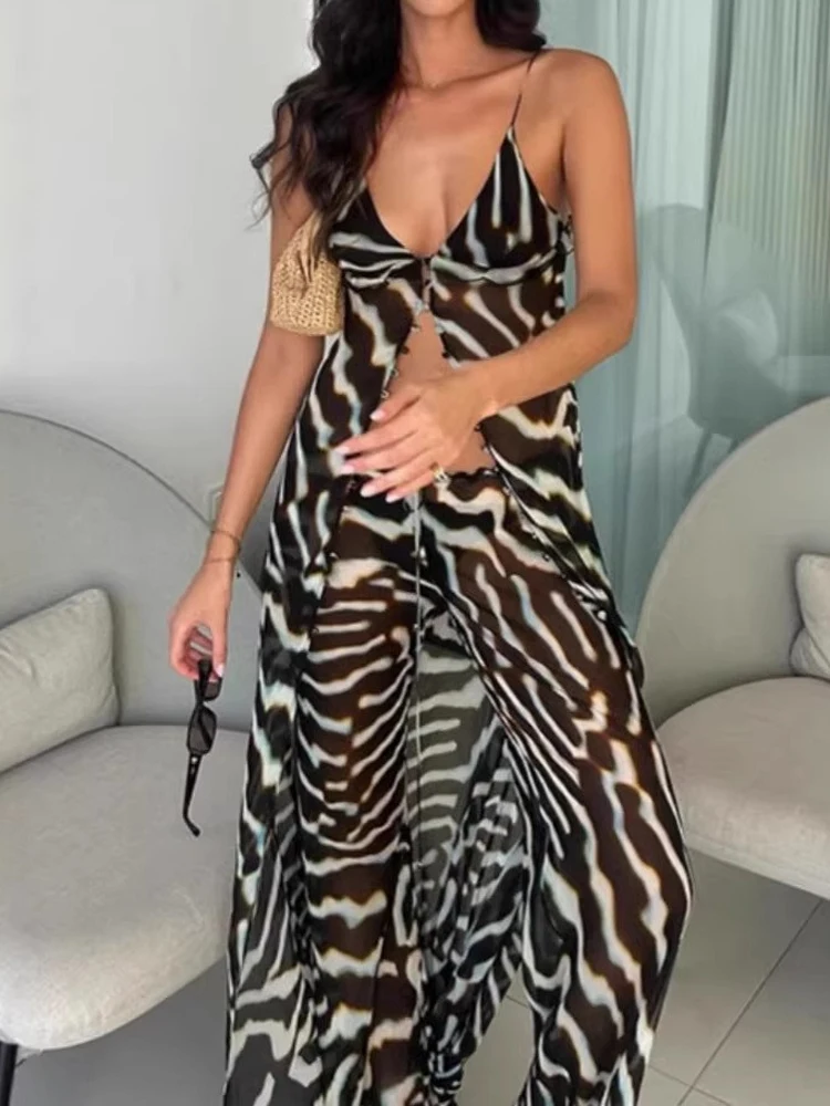 

Elegant V-neck Sling Long Top & Pant Outfits Women Casual Sleeveless Single Breasted Set Fashion Print Chiffon Vacation 2Pc Suit