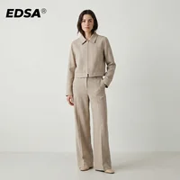 EDSA-Conjunto de pantalones de espiga de color caqui para mujer, chaqueta recortada de manga larga con cremallera lateral, pantalones largos de pierna recta de tiro bajo, trajes femeninos