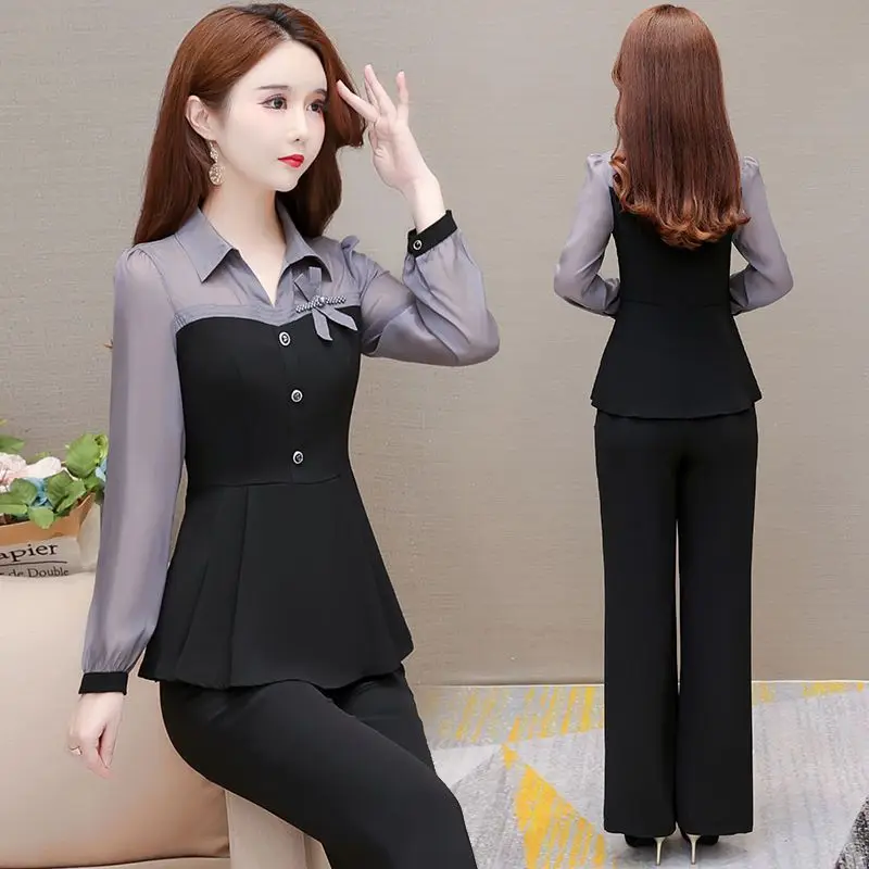 Spring Fashion Elegant Women Pants Sets 2024 New Turn Collar Patchwork Chiffon Slim Office Lady 2 Pieces Outfits Pantsuits