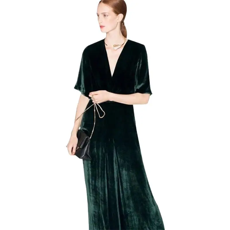 Fashion Spring Long Maxi Velour Dress Autumn Velvet Deep V-neck Party Dress Office Female long velvet Prom dresses Vestidos