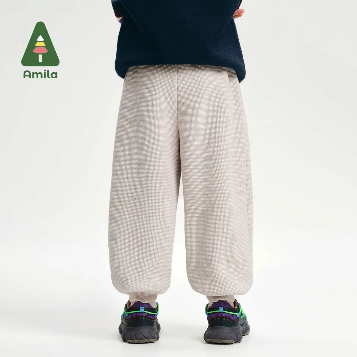 Amila Baby Pants 2024 Winter New High Quality Girls Waffle Cartoon Soft Warm Plus Velvet Casual Loose Children’s Trousers