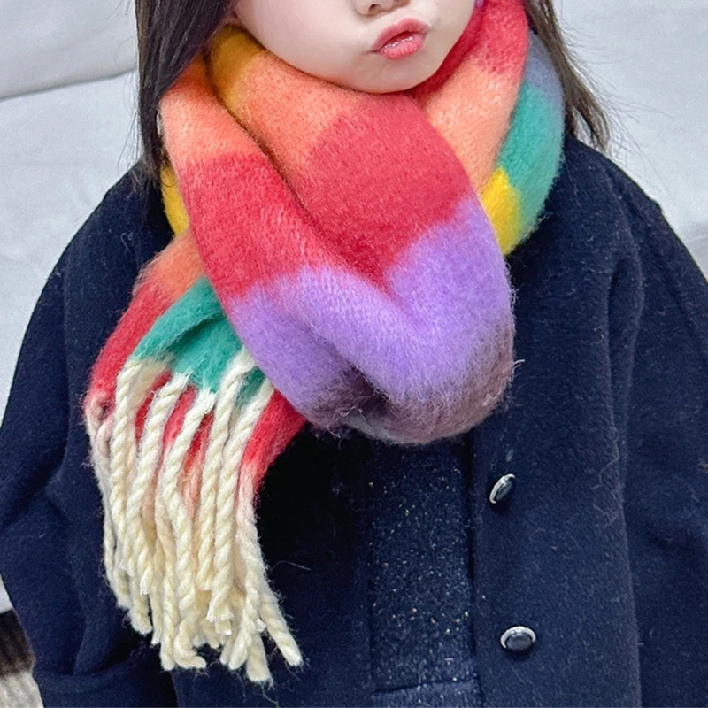 2024 Winter Thick Warm Scarf Kids Cashmere Shawl and Wraps Pashmina Neckerchief Rainbow Colorful scarf for Boys Girls 3-12Y