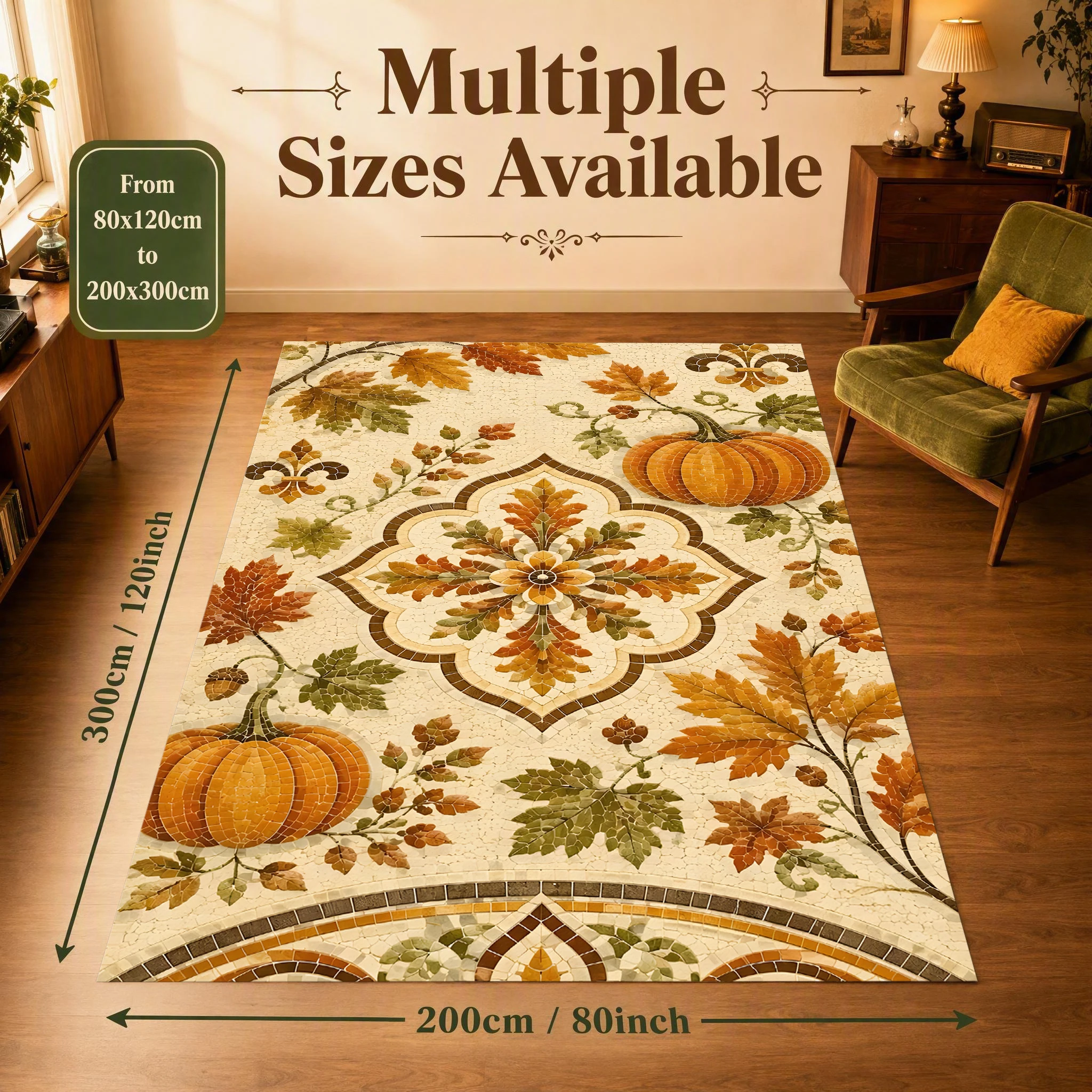 Beige Base Retro Medallion Pumpkin Autumn Leaf Velvet Area Rug, for Living Room Bedroom Entryway, Autumn Winter Harvest Home Decor