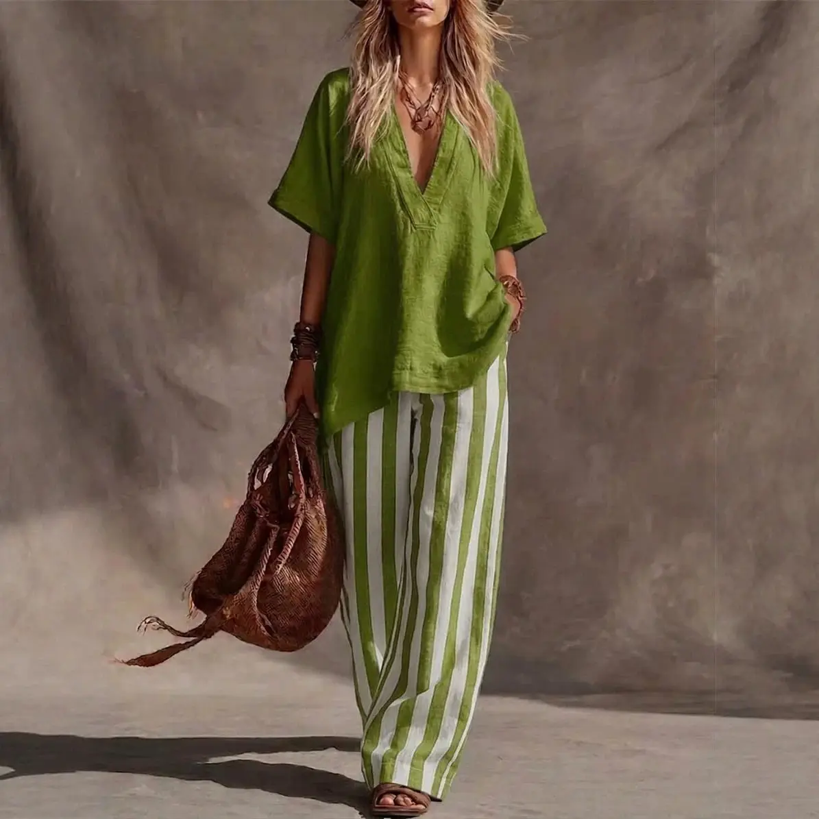 

Fashion Linen Printed Striped Trousers V Neck Short-sleeved Women 2piece Set Summer Loose Wide-leg Trousers Female Casual Set