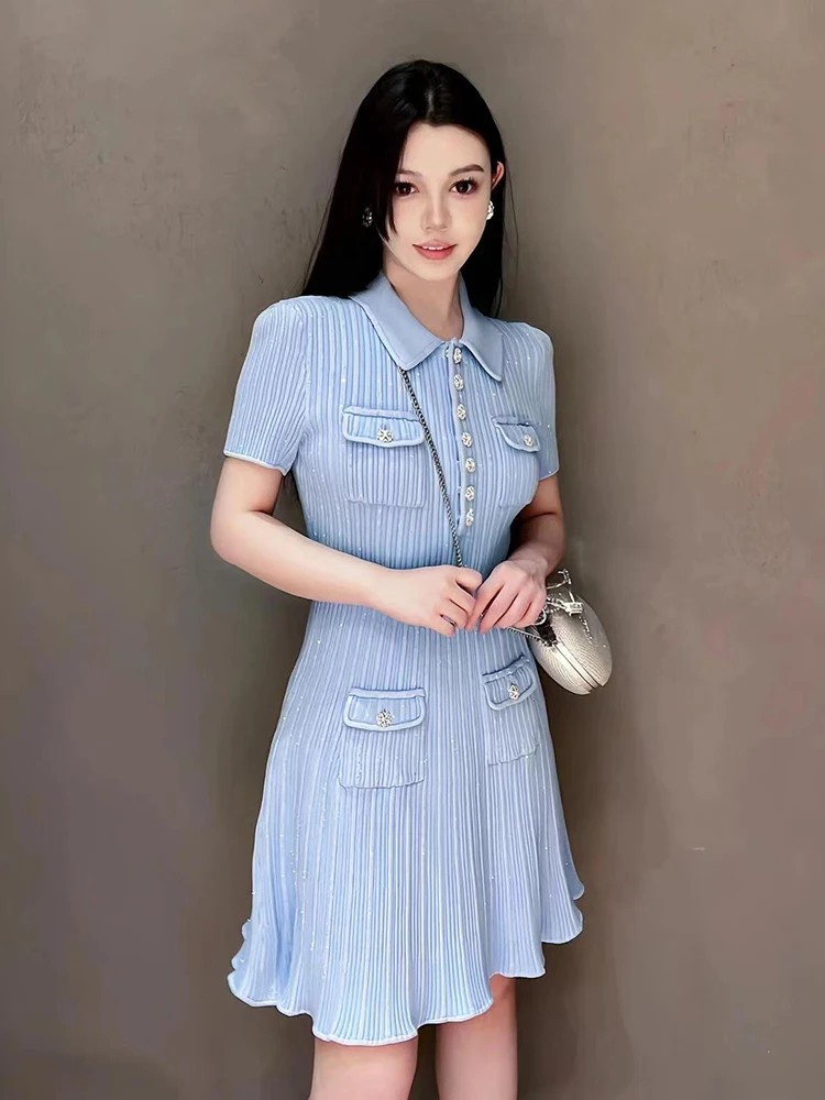 

High Waist Knitted Dr French Sle Sequin Embellied A-Line Skirt ort Sve Flip Collar Slim Fit Midi Dr for Women