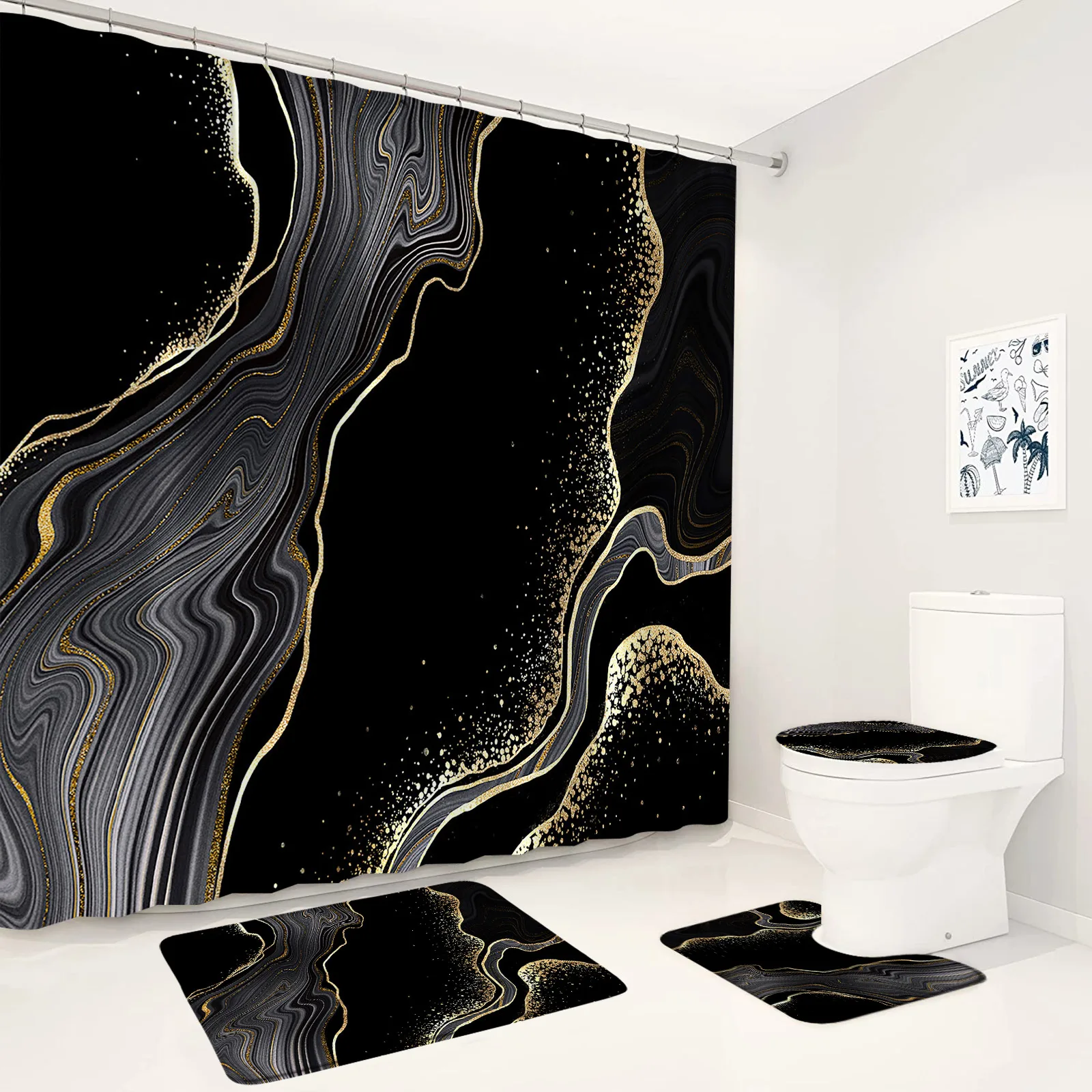 Emerald Green Marble Shower Curtain Set Luxury Gold Crack Black Texture Print Bathroom Decor Non-Slip Rugs Toilet Cover Bath Mat