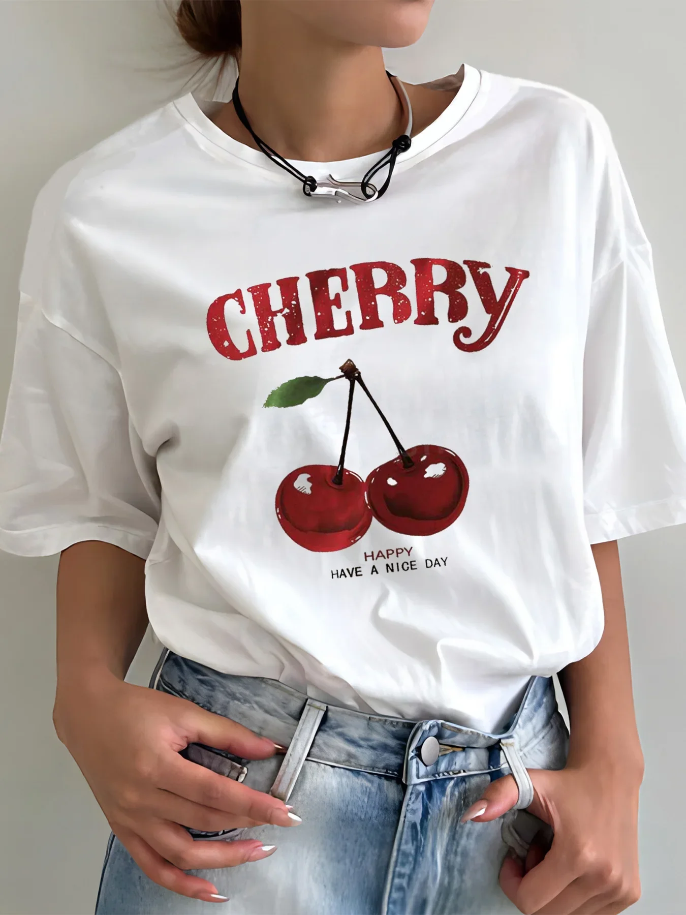 Cherry Letter Print Summer Women's  Casual Fashion White Versatile Loose Round Neck T-Shirt Graphic T Shirts Women Clothes