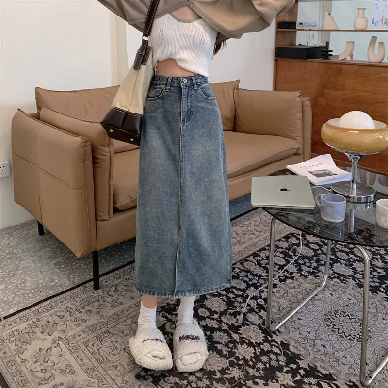 여름 하이웨이스트 A라인 스커트 여성용 루즈 슬림핏 미디 길이 데님 스플릿 스커트 패셔너블 비즈니스 캐주얼 코튼...