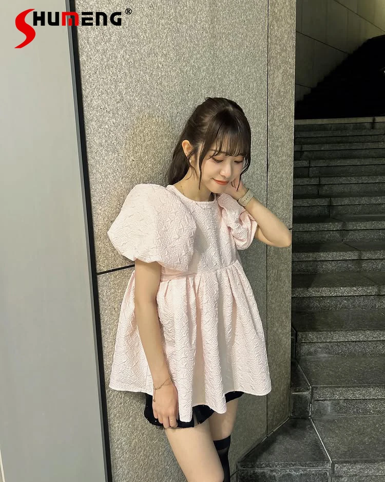 

Japanese Elegant Commuter Versatile Blouse Sweet 3D Embossed Crew Neck Bubble Sleeve temperament Loose Shirt Tops Women Summer
