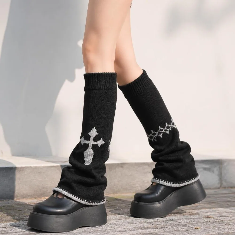 Gothic Asymmetric Knit Leg Warmers Cross Pattern Wide Leg Boot Cuffs Stretch Knit Slouchy Fit Slouchy Socks Streetwear Look