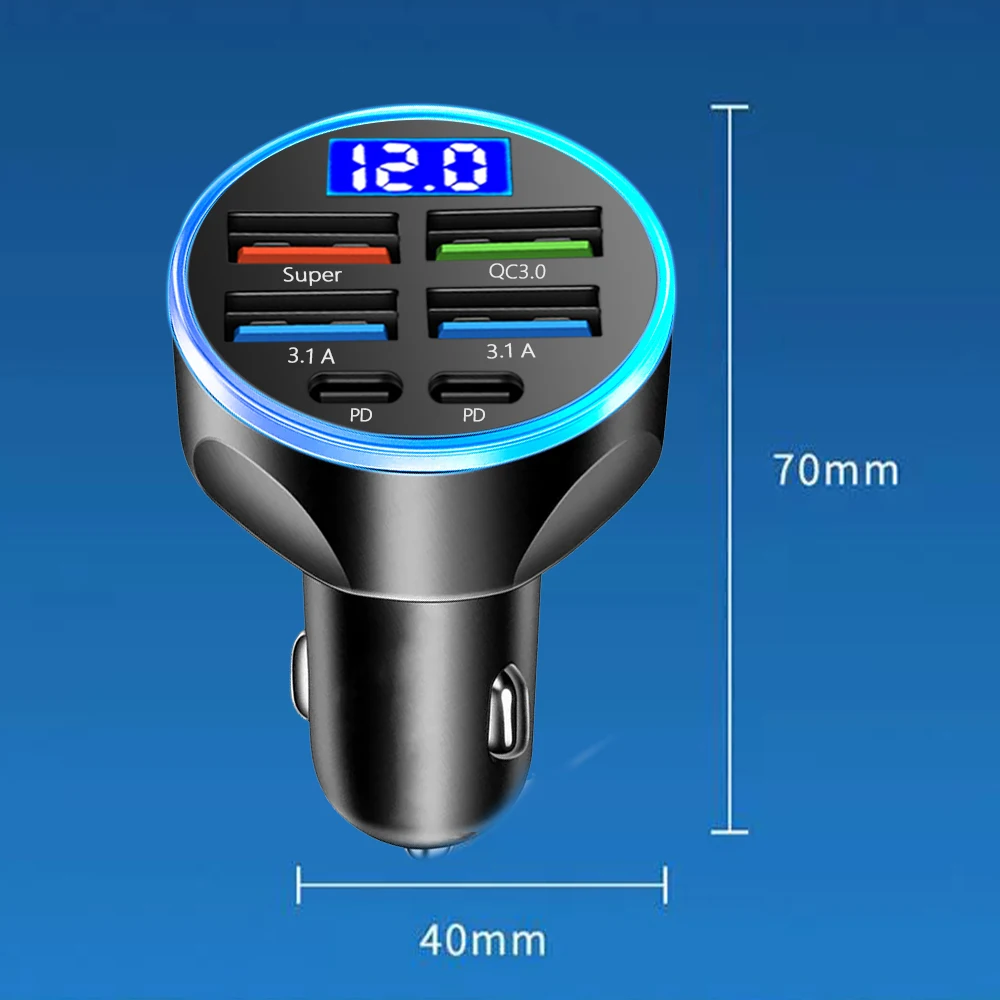 250W 6 พอร์ต Car Charger Fast CHARGING PD QC3.0 USB C รถชาร์จโทรศัพท์ประเภท C อะแดปเตอร์รถสําหรับ iPhone samsung Huawei Xiaomi