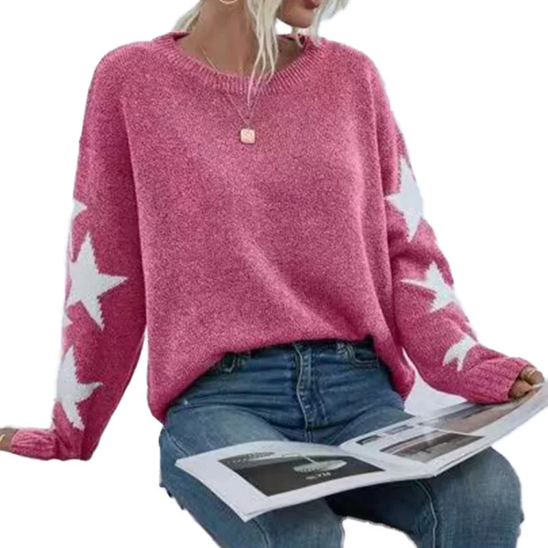 Women's Knitted Sweater Fashionable Solid Color Five Pointed Star Jacquard Round Neck Pullover Sweater