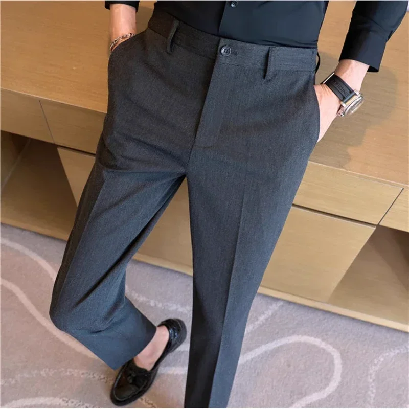 High End Elastic Waistband Suit Pants for Men Embroidered Business Casual Pants Solid Colror Versatile Social Office Trousers