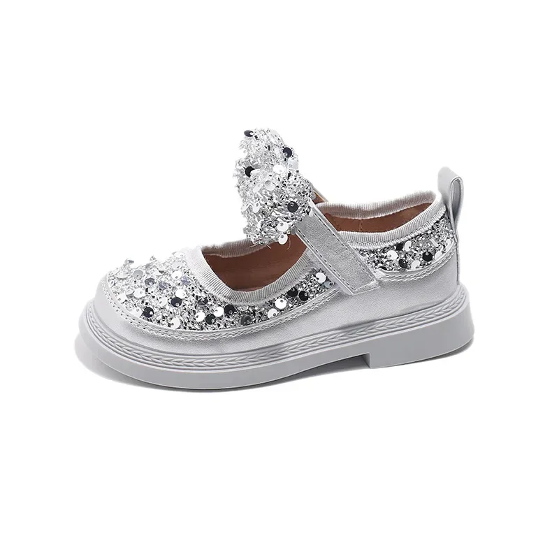 Girls Leather Shoes Square Heel Kids Black Performance Shoes with Cute Sequins 2024 New Girls Princess Shoes Round Toe Soft Sole