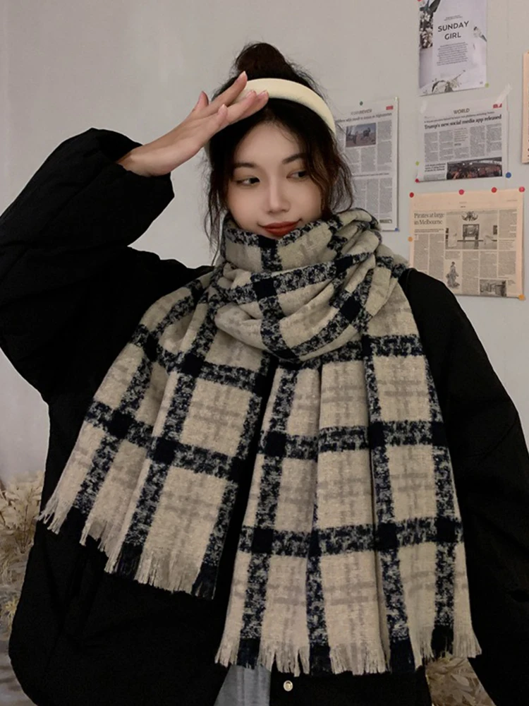 New Fashion Knit Big Plaid Vintage Scarf Headscarf Winter Women Ladies Men Scarve Female Foulard Thick Wrap Shawl Unisex Blanket