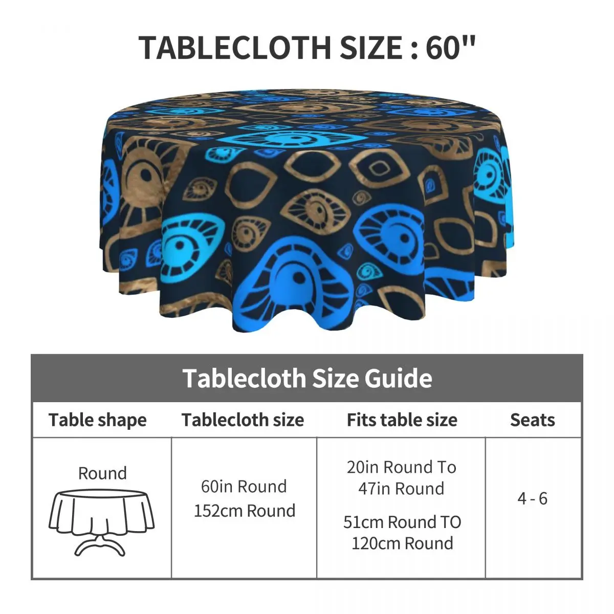 Greek Evil Eye Round Tablecloth Blues and Gold Print Pattern Table Cover For Events Dining Tables Elegant Polyester Table Cover