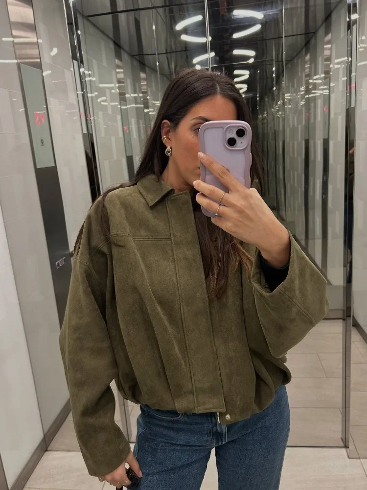 

Women Fashion Green Suede Leather Short Jacket Oversized Zipper Long Sleeve Pockets Bomber Coat Lady Motorcycle Outwear 2025