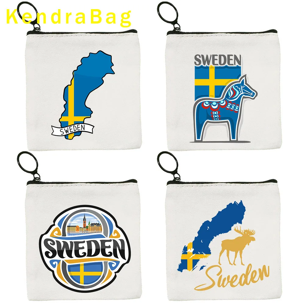 Sweden Flag Map Stockholm Key Coin Purse Canvas Bag Cute Pouch Wallet Zipper Gift Cosmetic Bag Cotton Custom Coin Purse Key Case