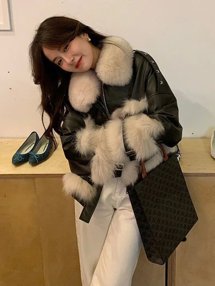 2024 New Winter Lamb Fur Sheepskin Patchwork Coat Faux Fur leather Jacket Streetwear Loose Fur Warm Motorcycle Biker Parka L31