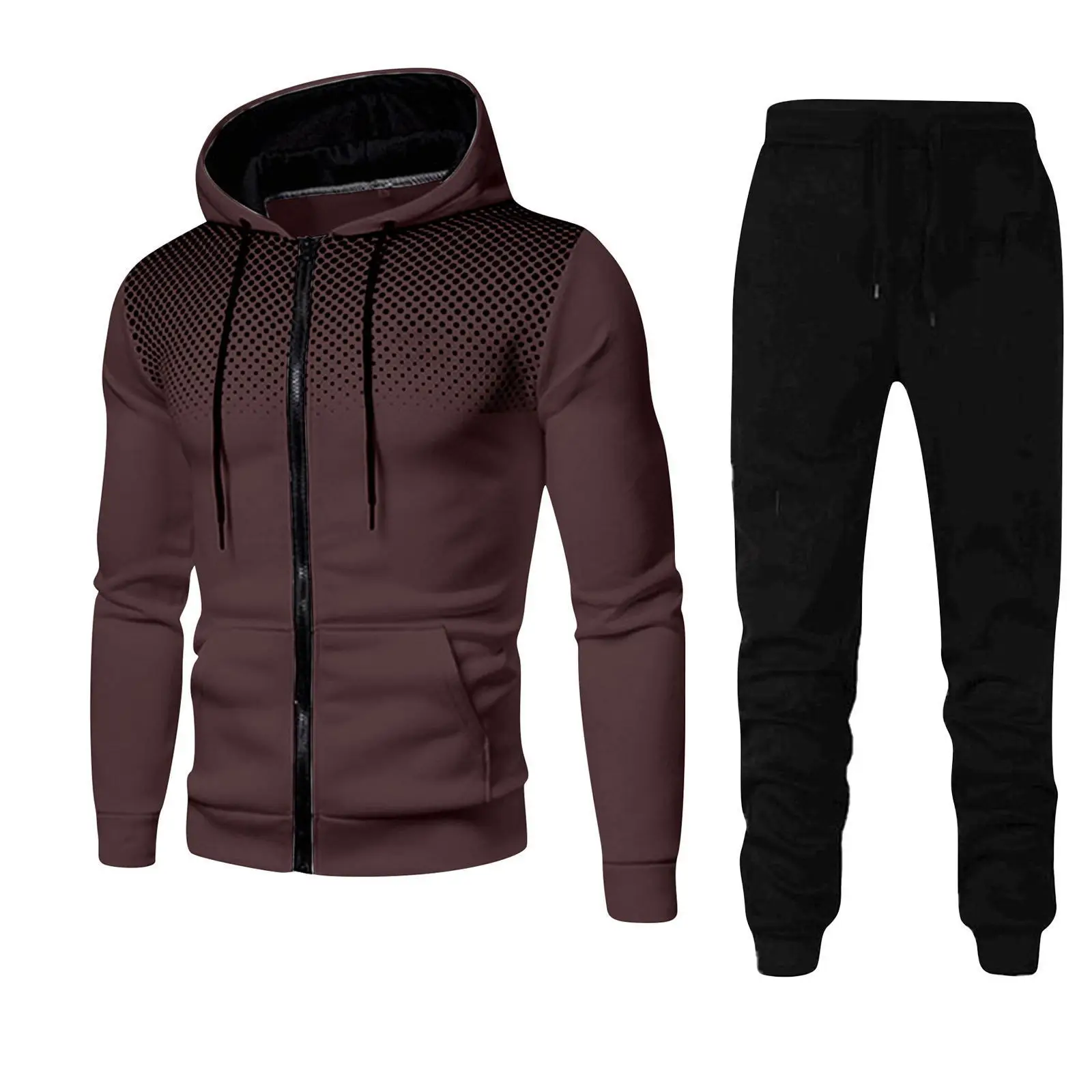 Men\'s Fashion Fitness Jogging Set Printed Sports Set Zipper Hooded Sweatshirt and Pants Two Piece Set