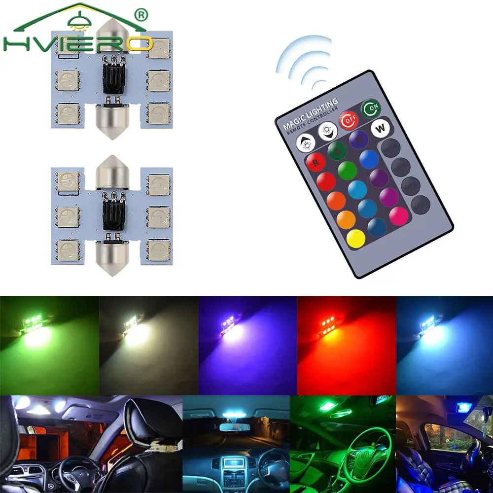 2Pcs RGB Led Mobile Atmosphere Car Bulbs Attachment 24Key Remote Control 36mm 5050 6SMD Lamp Colored Flag Interior Ceiling Light