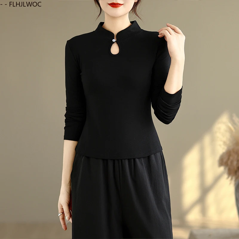 النمط الصيني تشي باو الوقوف طوق تصميم بلايز سوداء جديد 2025 الخريف الربيع النساء تاريخ الفتيات زر بلينغ قميص بلوزة خمر #4