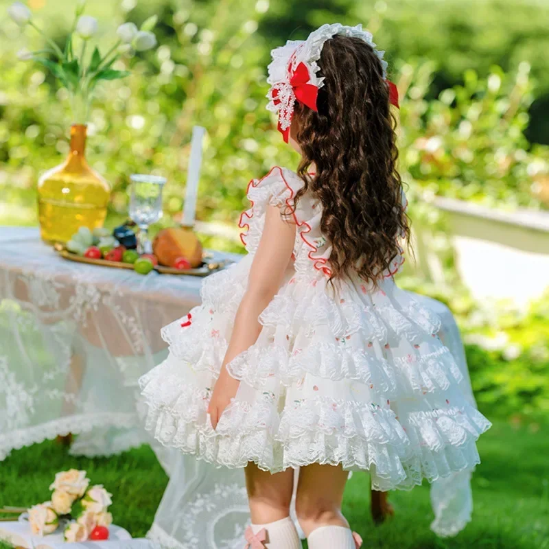 Summer New Lace With Red Bow Girls Lolita Dress Kids Clothing Baby Cute Floral Cake Skirt Kawaii Party Dresses Gifts For Baby