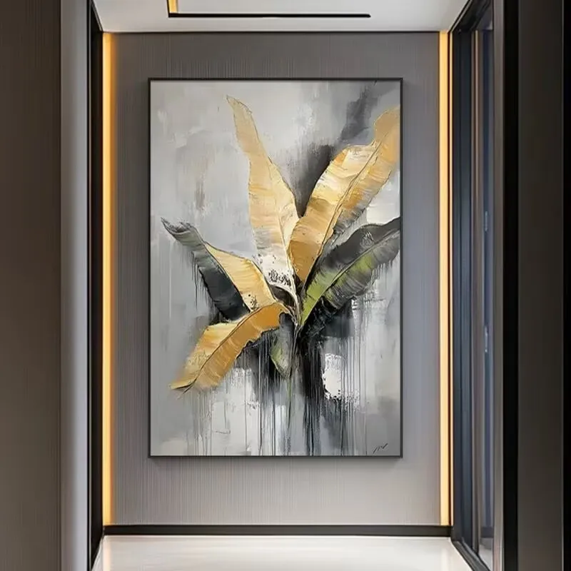 

Высококачественная настенная живопись для гостиной, абстрактная золотая картина маслом с большой текстурой листьев, 100% ручная работа, подвесные постеры для дома