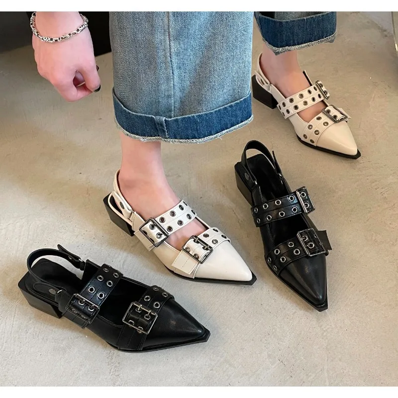 42 Big Size Summer New Korean Version of Shallow Mouth Flat Women's Shoes Belt Buckle Small Pointed Head Rivet Single  Sandals