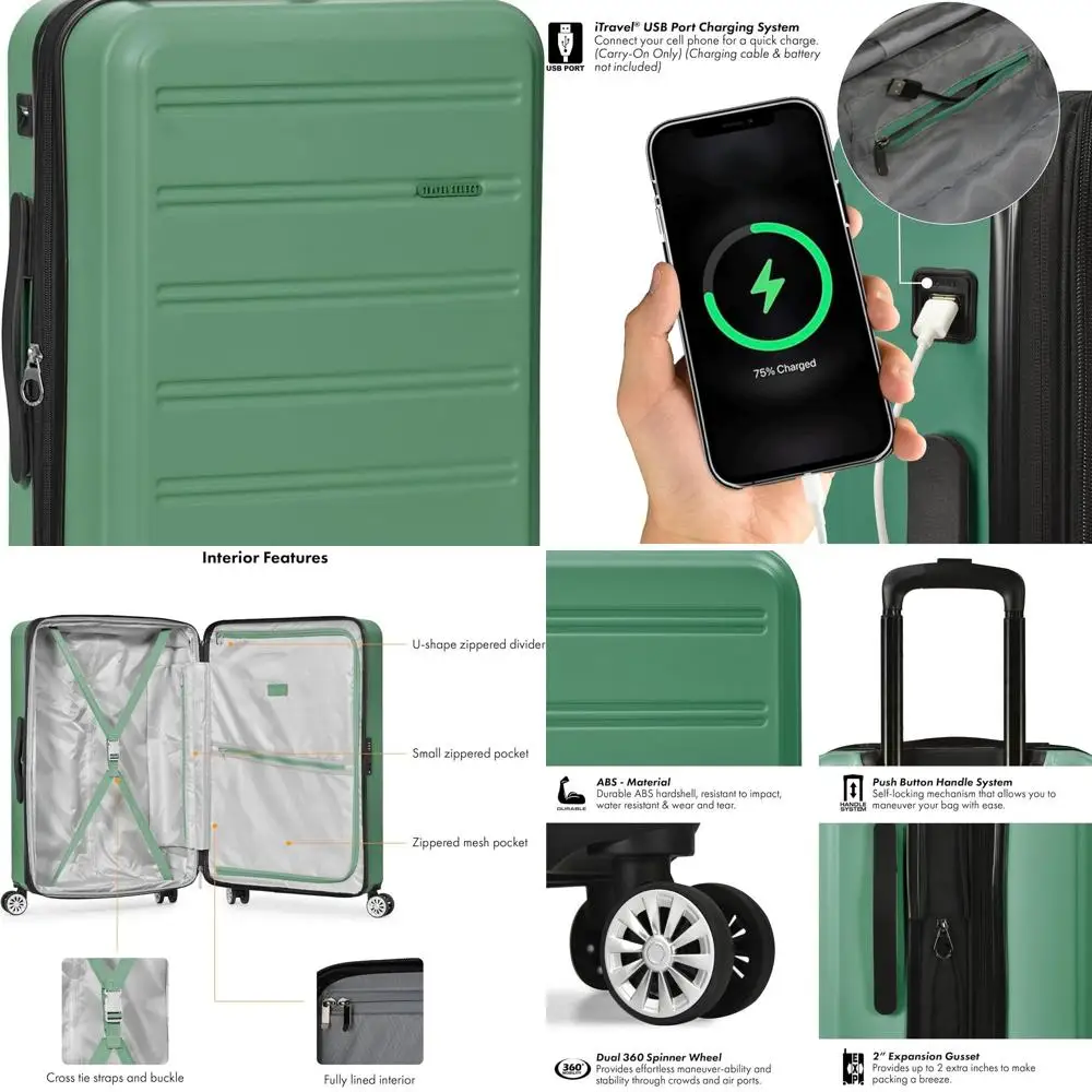 Green 21 Travel Select Snowcreek Expandable Spinner Luggage with USB Port