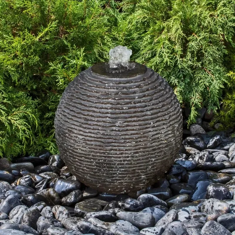 Hand Carved Dark Gray Natural Granite Circular Water Garden Fountain Outdoor Park Courtyard Landscape Decoration