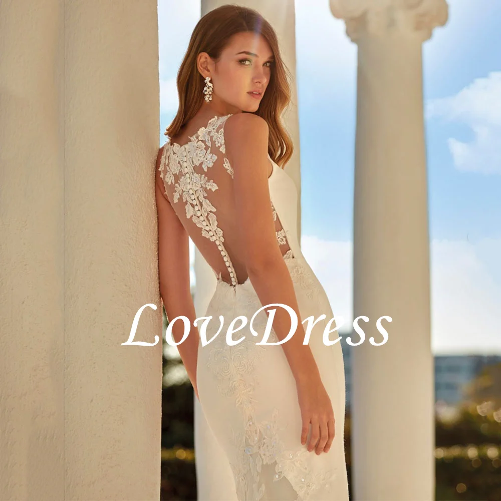 LoveDress-Vestido De Novia De sirena con cuello en V, traje De encaje sin mangas, botones personalizados, plisado, ilusión trasera