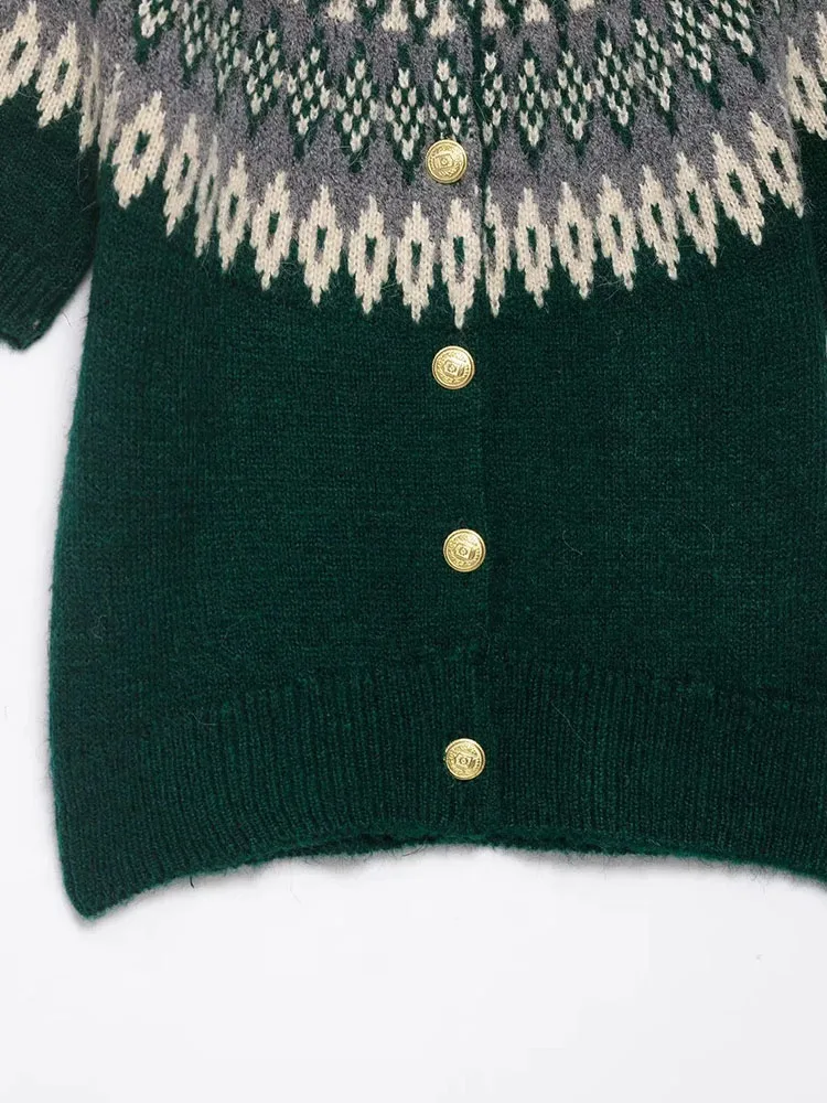 Cárdigan de punto Jacquard para mujer, Otoño Invierno, un solo pecho, manga corta, cuello redondo, suéter corto de otoño, prendas de vestir exteriores