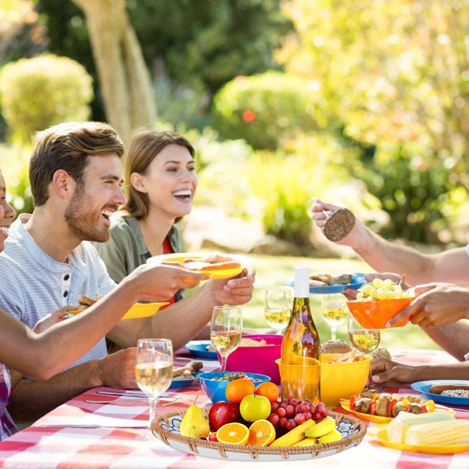 

Hand Woven Bamboo Food Tray Porcelain Smooth Rustic Style Snack Serving Dish Fruit Candy Plate for Household Party