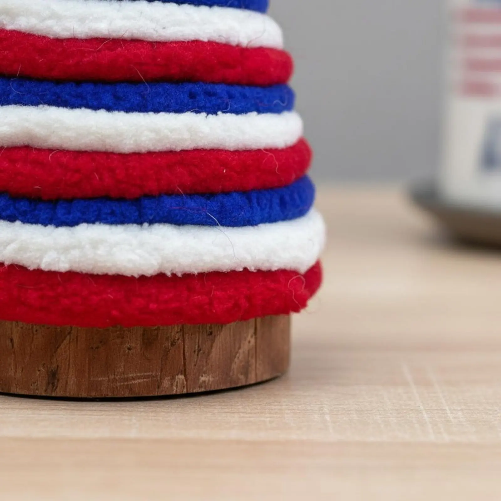 

Independence Day Cone Tree Handmade Yarn Wrapped Cone Decoration USA-Themed Flag Themed Tree Rustic Wood Base for Mantel