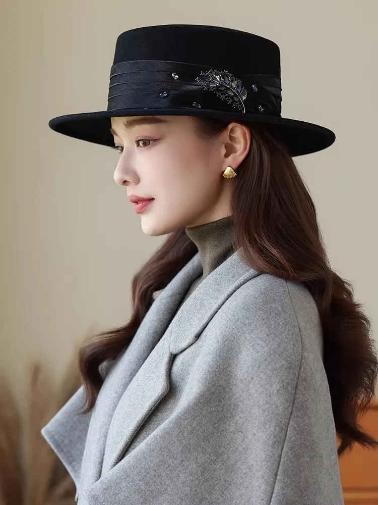high-end-retro-women's-fashion-hat-spring-autumn-wool-felt-flat-top-hat-adjustable-size-winter-spring-season-women's-cap