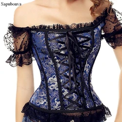 Sapubonva Corset Top Plus Size Shoulder Straps Bustiers Gothic Lace Sleeved Sexy Bride Halloween Corselet Medieval Black White
