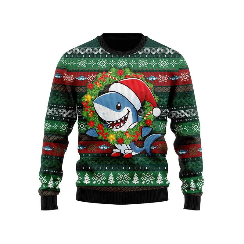 Mignon requin graphique 3D imprimé laid noël chandails hommes femmes vêtements mode col rond hommes sweat décontracté automne pulls