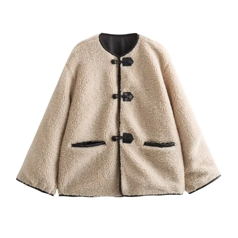 BWQ Women's Faux Wool Warm Loose Jacket Coat Round Neck Single Breasted Double Pocket Casual Overcoat Winter Female Chic Coat 7