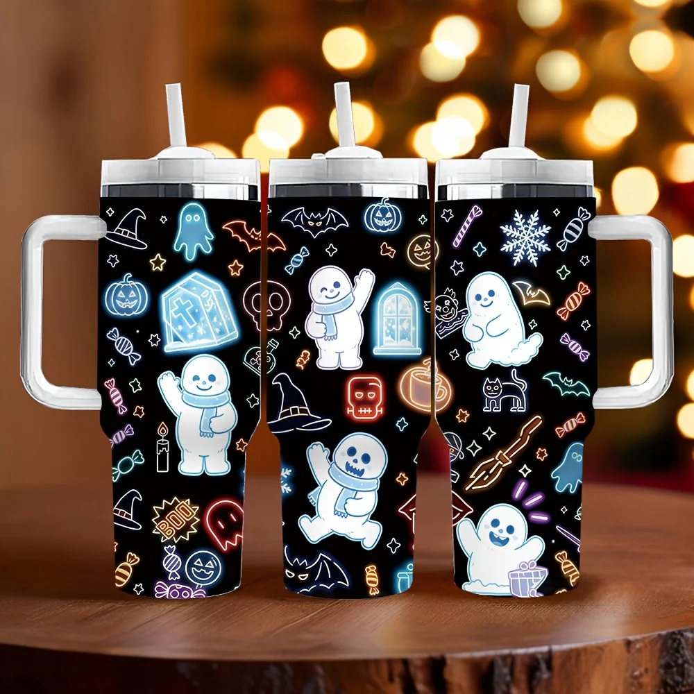 40oz Long Lasting Insulated Tumbler with Handle, Features Cute Halloween and Christmas Prints, It Is An Ideal Birthday Holiday Gift for Lovers, Perfect for Daily Use, Outdoor Travel And Holiday Parties.
