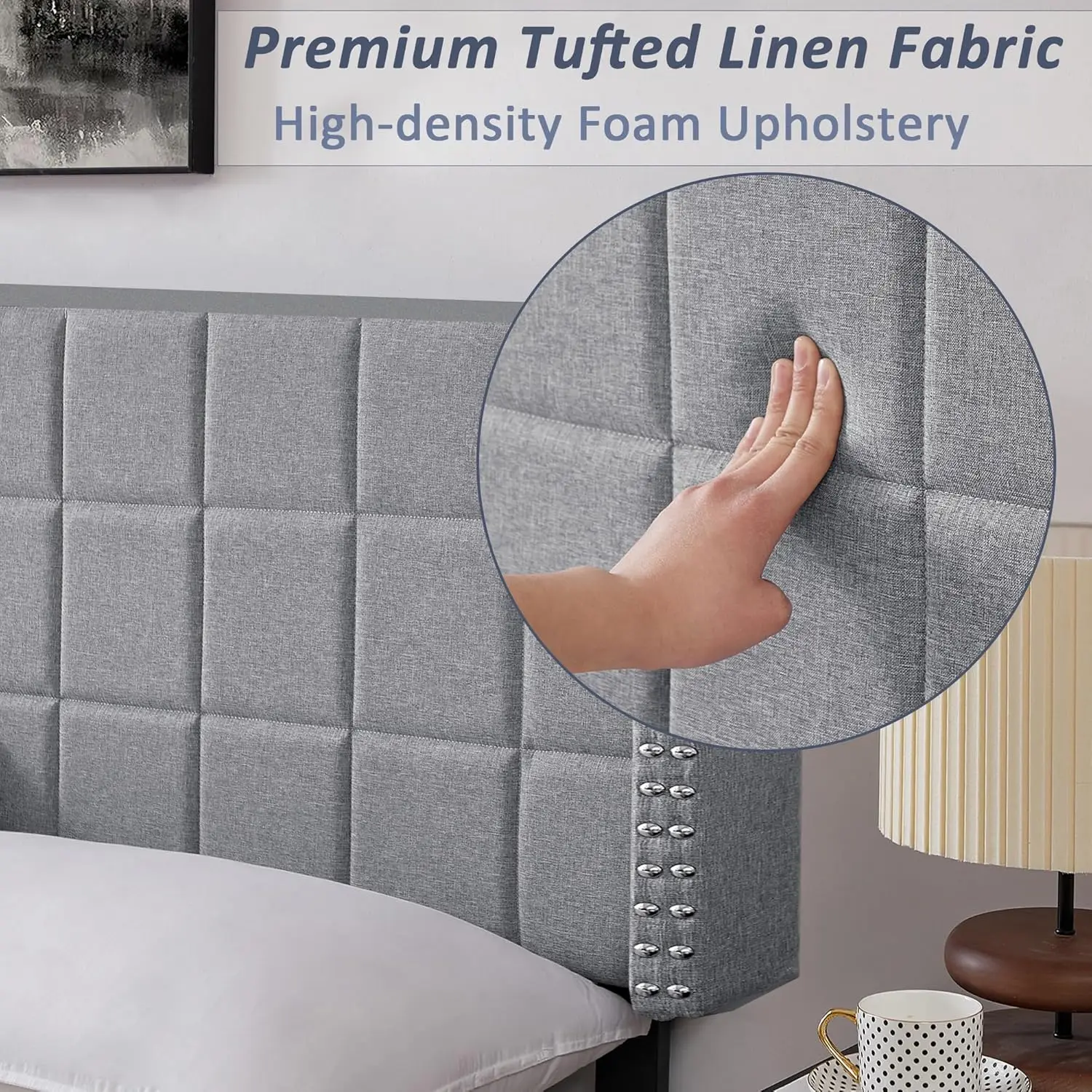 

Linen Upholstered Headboard For King Size Bed, Tufted Nailhead & Double Wingba For Bedroom, 6 Adjustable Position From 40"" To